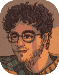 a drawing of a man with curly hair and round glasses